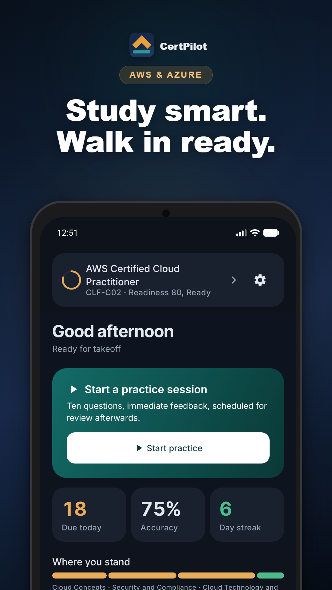 CertPilot home screen showing readiness and today's due questions