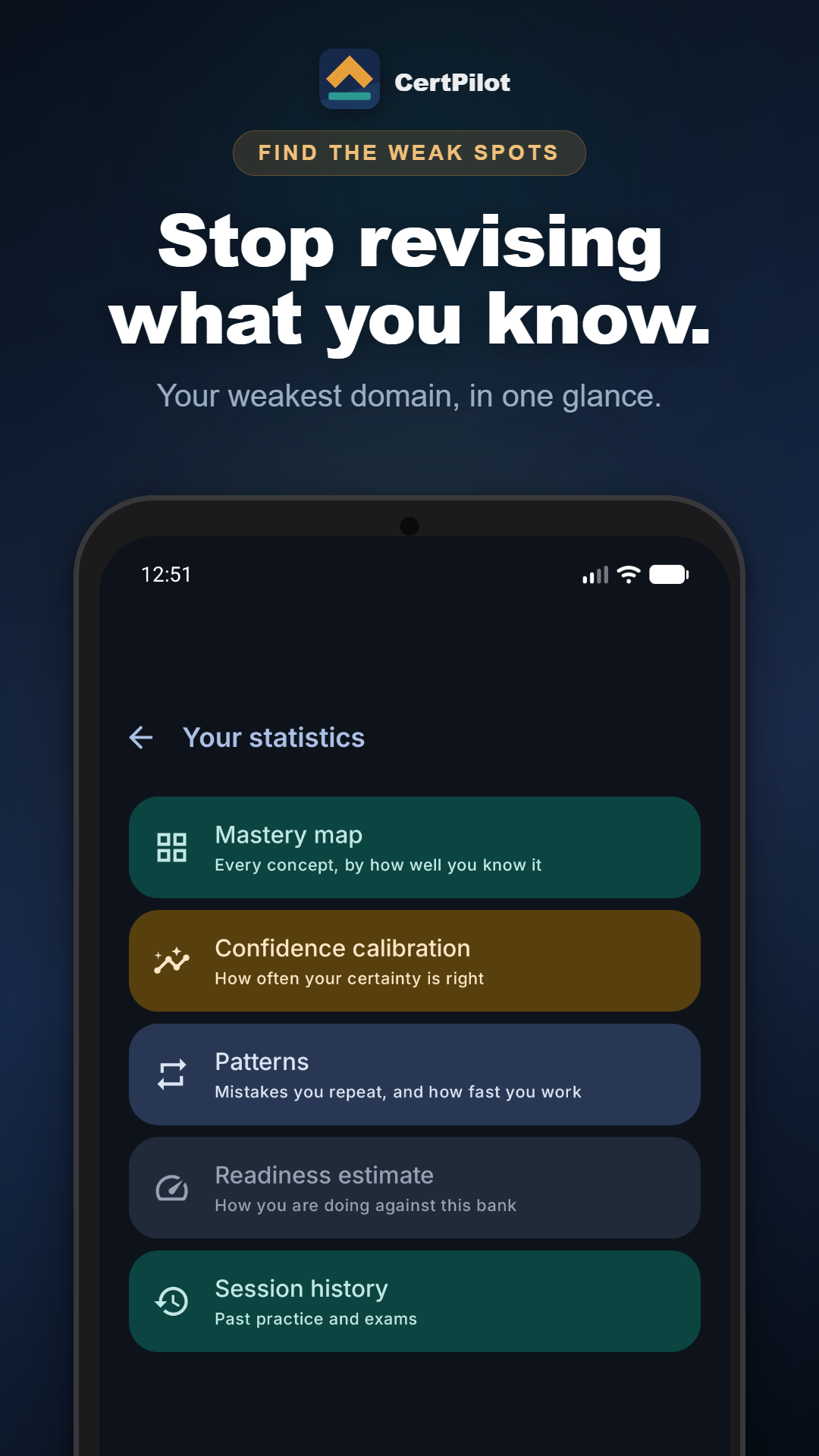 The statistics hub: mastery map, confidence calibration, patterns